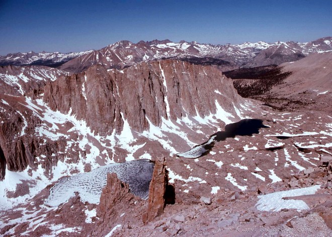 Looking west from the Whitney Trail Crest: The Hitchcock Lakes and 13,188' Mt. Hitchcock. In the distance, Mt. Kaweah and the peaks of the Great Western Divide.